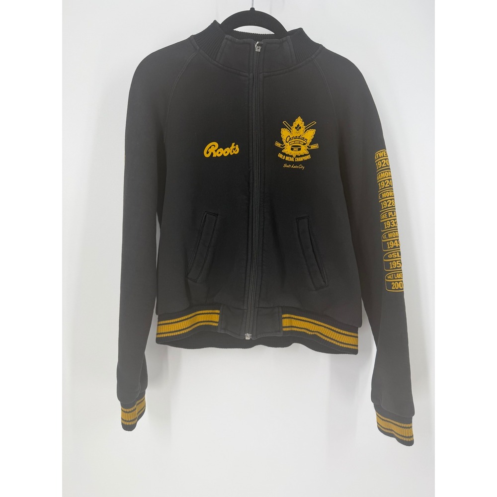 Roots Canada 2002 Olympic Hockey Gold Medal Champions Zip Up Jacket Black Womens